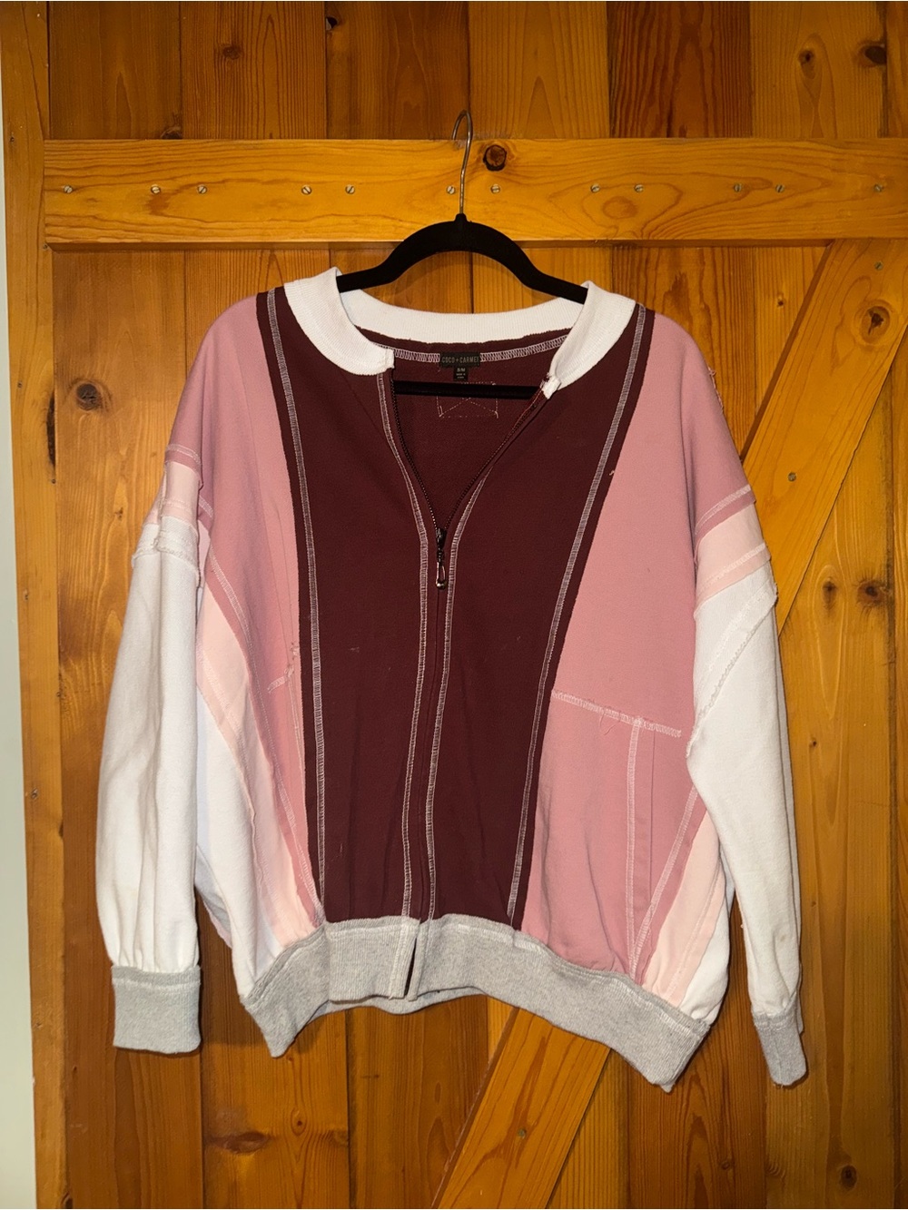 Coco & Carmen Burgundy Colorblock Zip Front Sweatshirt - Pink, Maroon & White